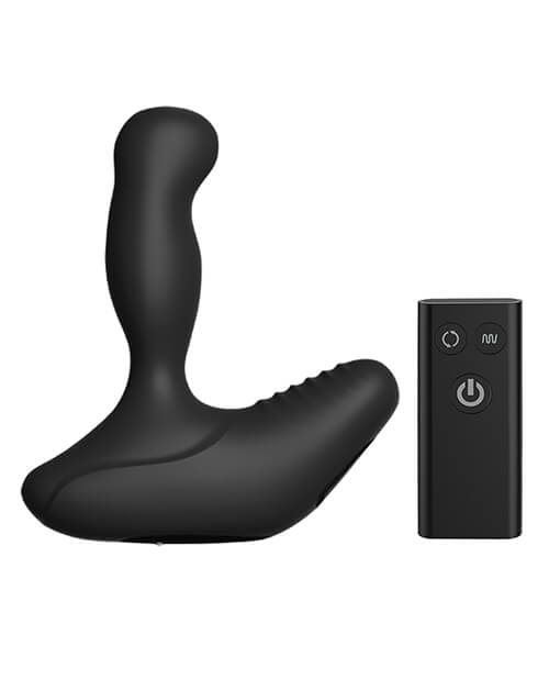 Nexus REVO Stealth prostate massager propped up next to the remote control. The remote control is about half the height of the Nexus REVO Stealth. | Kinkly Shop