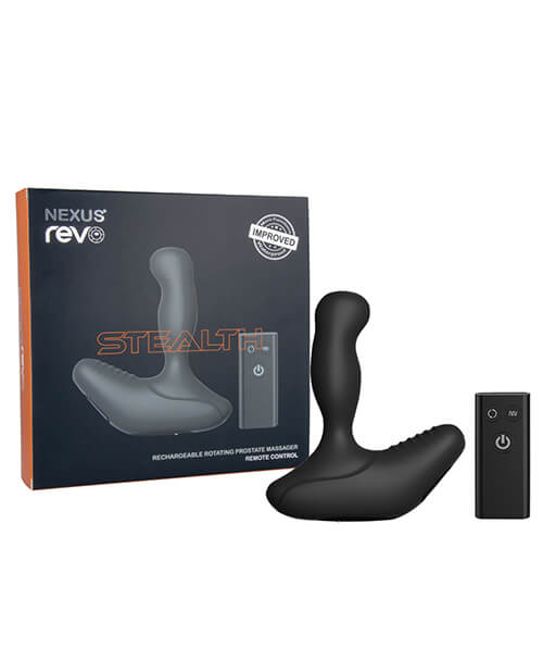 The Nexus REVO Stealth and its remote are sitting beside the packaging for the Nexus REVO Stealth. | Kinkly Shop