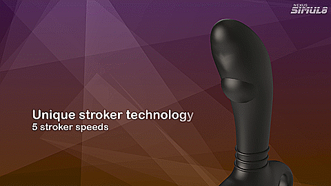 GIF of the Nexus Simul8 - Stroker Edition. It shows the stroking bead in the Simul8 Stroker moving up and down to stimulate the prostate. The text on the GIF reads: "Unique stroker technology. 5 stroker speeds." | Kinkly Shop