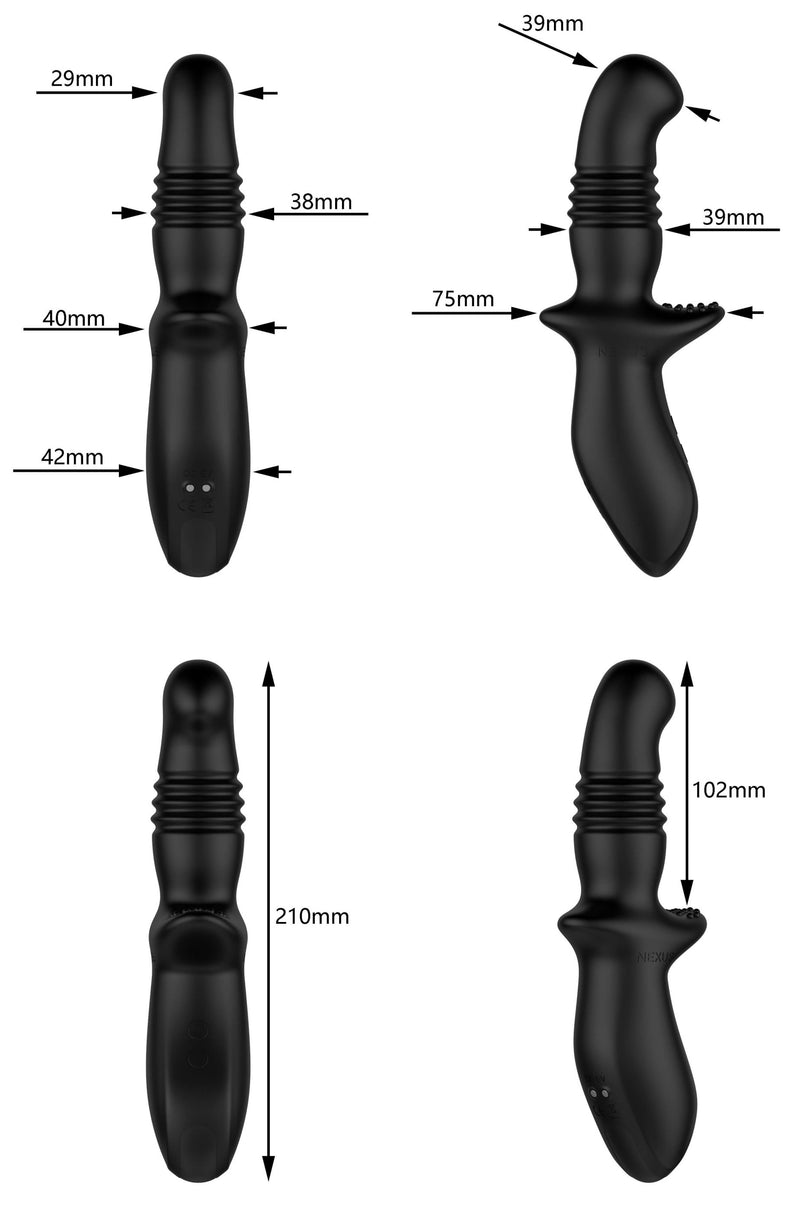Four different angles of the Nexus Thrust up against a white background. Measurements are superimposed over all of the angles to point out the different thicknesses of the toy. | Kinkly Shop