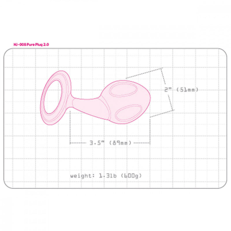 Measurements of the Njoy Pure Plug 2.0 XL. The image shows an illustrated version of the large steel plug with measurements superimposed over the image. It has an insertable length of 3.5", a diameter of 2" at the widest point, and a weight of 1.3lb. | Kinkly Shop