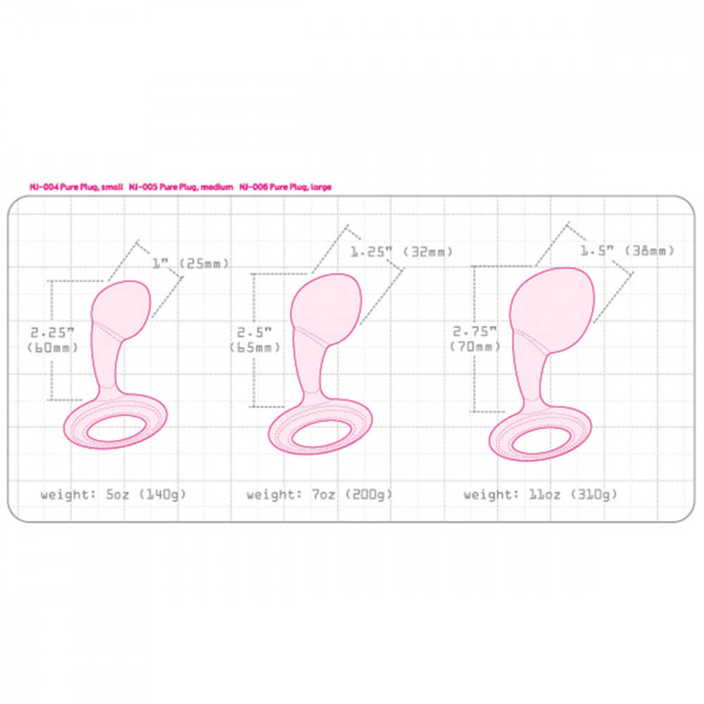 Three illustrated images of the Njoy Pure Plugs butt plugs against a square grid. Superimposed over the images are all of the measurements of the three plugs. All of the measurements can be found in the text of the product description. | Kinkly Shop