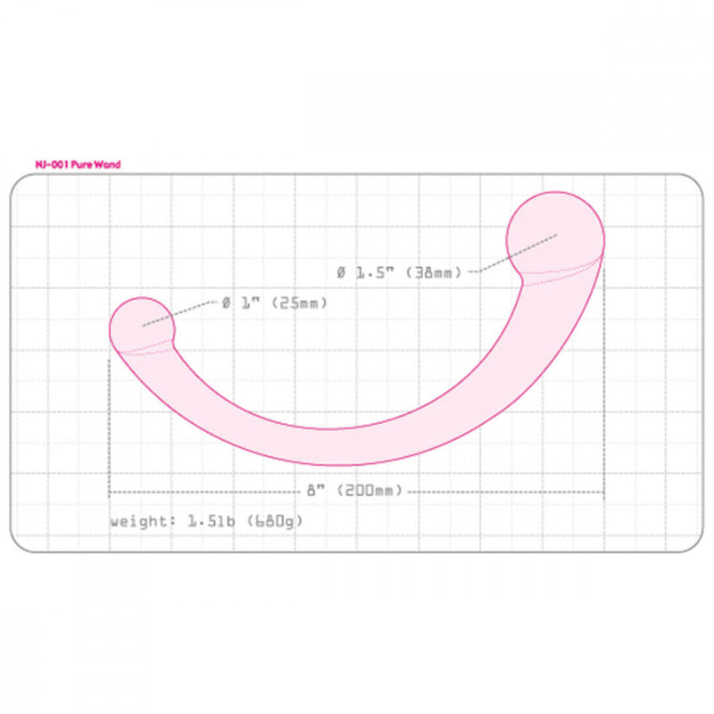 Illustration of the Njoy Pure Wand dildo. It shows the outline of the dildo on top of "graphing paper" squares. Arrows with measurements are pointing out various parts of the dildo. All measurements can be found via text within the product description. | Kinkly Shop