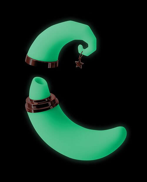 The NS Novelties Firefly Dream Glow up against a black background. The toy glows green with its glow-in-the-dark material. The lid is removed from the air suction tip, leaving the base of the toy as a half-moon "handle" that caps off in an air suction tip. | Kinkly Shop