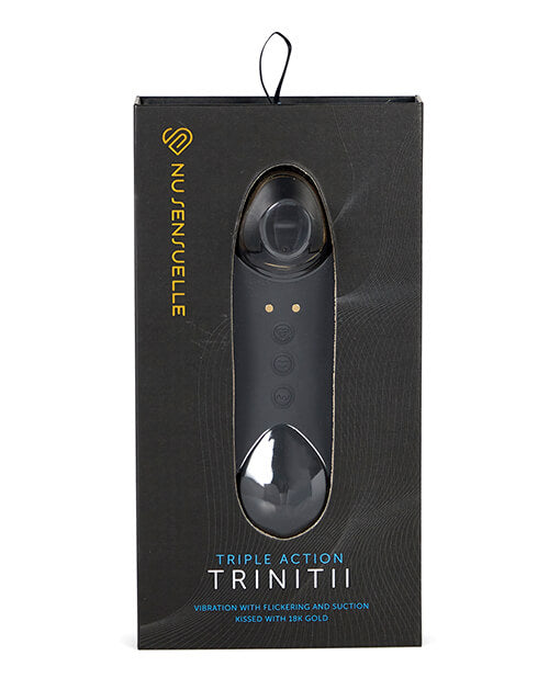 Packaging of the nu Sensuelle Trinitii 3-in-1 Tongue Suction Vibe in 18k Gold Black version | Kinkly Shop