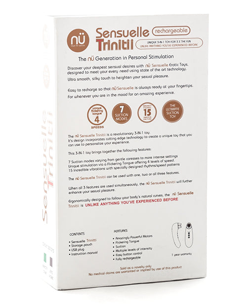 Backside of the packaging of the nu Sensuelle Trinitii 3-in-1 Tongue Suction Vibe | Kinkly Shop