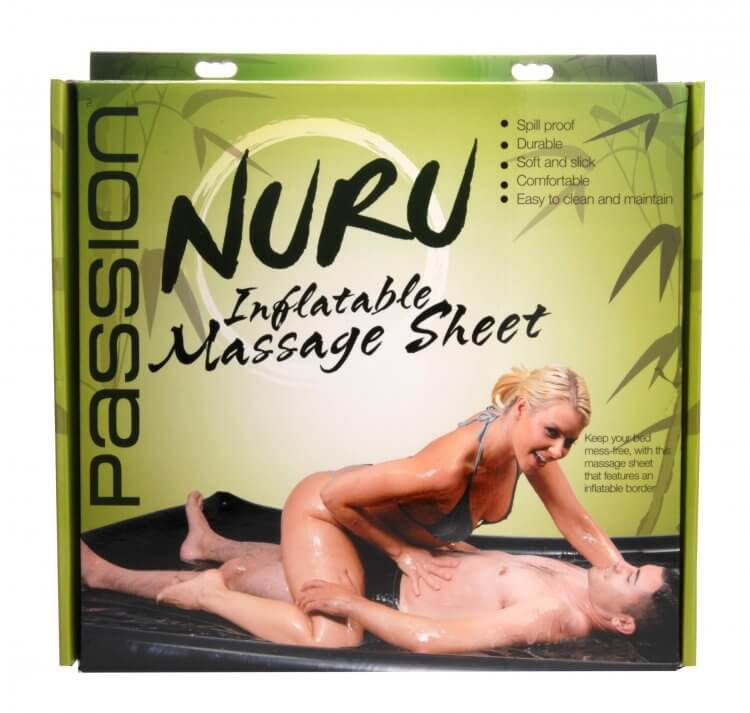 Packaging for the Nuru Inflatable Vinyl Massage Sheet. It shows a couple utilizing the mat in their swimsuits. The tall person laying flat on the mat easily fits within the confines of the mat - even with their legs spread. | Kinkly Shop
