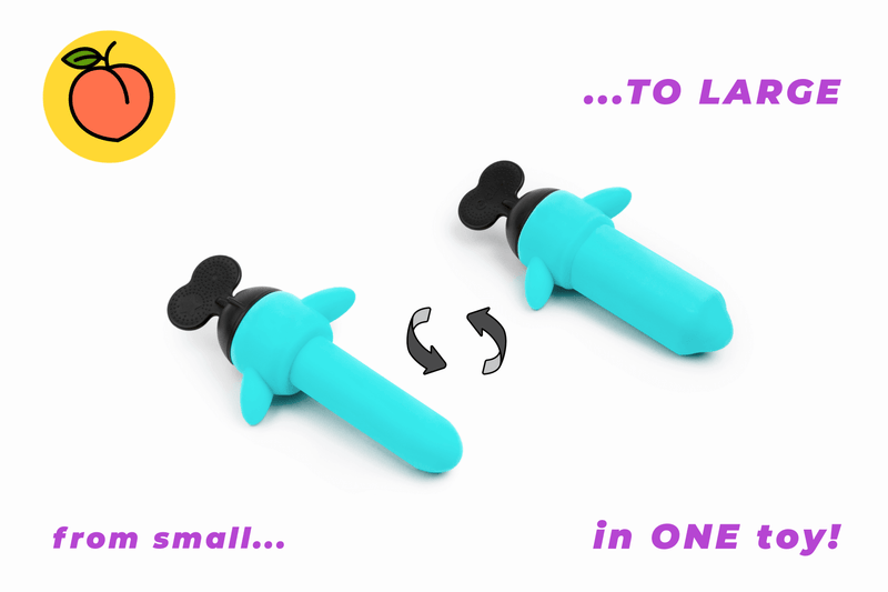 An unexpanded and fully expanded Odile Absolute sit next to each other to show the difference in diameter. The text on the image reads "from small...to large in ONE toy!" | Kinkly Shop