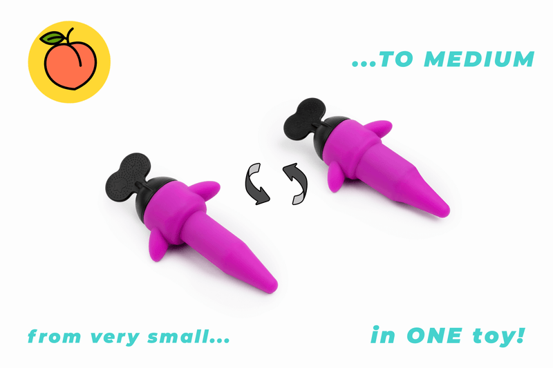 An unexpanded and fully expanded Odile Discovery sit next to each other to show the difference in diameter. The text on the image reads "from very small...to Medium in ONE toy!" | Kinkly Shop