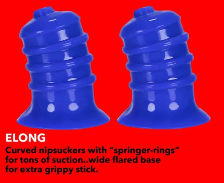 The Oxballs Elong Nipsuckers in Cobalt against a blood red background with text. The text reads: "ELONG. Curved nipsuckers with "springer rings" for tons of suction. Wide flared base for extra grippy stick." | Kinkly Shop