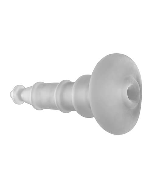Angle of the Perfect Fit XPlay Anal Sleeve Tunnel Plug that shows off the thick, wide base that keeps the plug anchored outside of the body. | Kinkly Shop