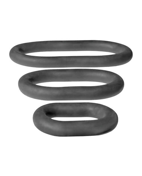 The three Perfect Fit XPlay Ultra Wrap Ring Pack stacked on top of one another in space. This image was likely composited of images taken of each cock ring - then stacked on top of one another. It shows how the lengths compare between the three Perfect Fit Cock Ring options. | Kinkly Shop