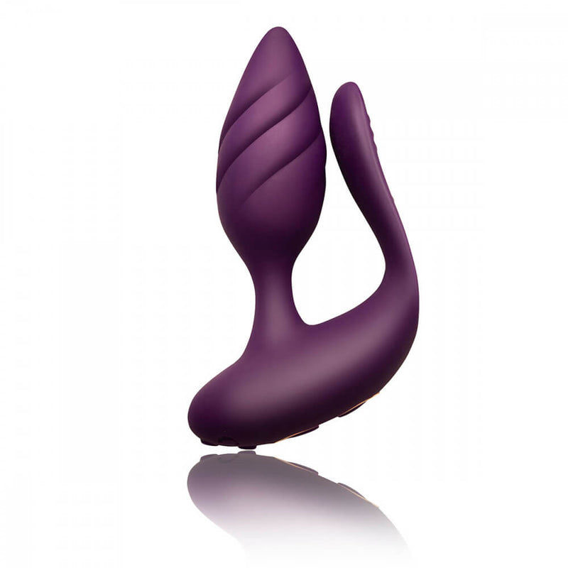 Close-up of the Rocks-Off Cocktail without the remote control. This angle showcases the swirled texture along the insertable shaft as well as the super-thin design of the insertable vaginal probe. | Kinkly Shop