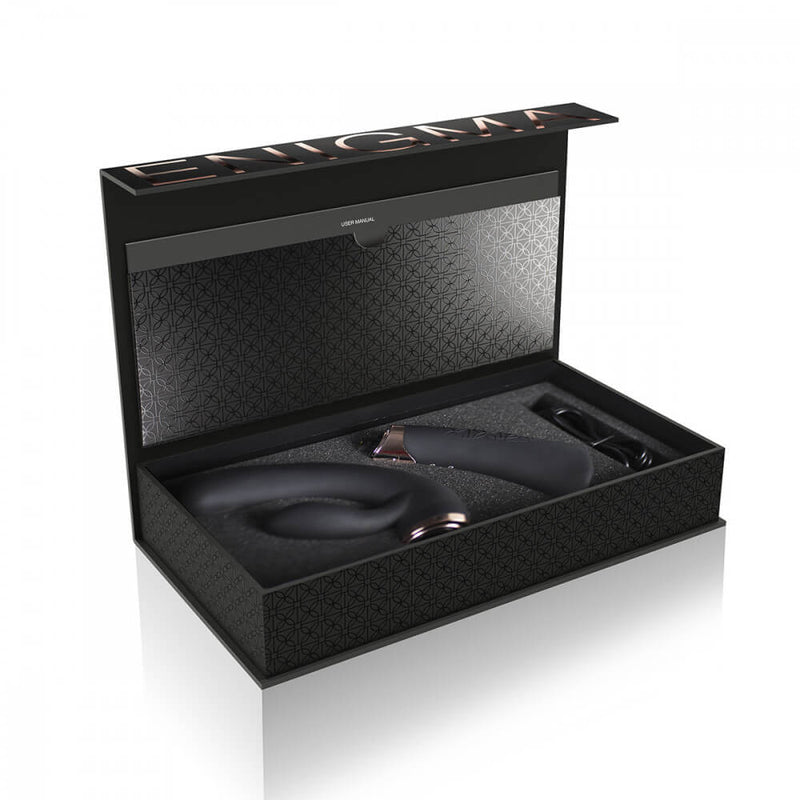 The Rocks-Off Enigma Fuzion shown in the packaging. The vibrator is twisted apart and shown in its two separate pieces for easy storage. | Kinkly Shop