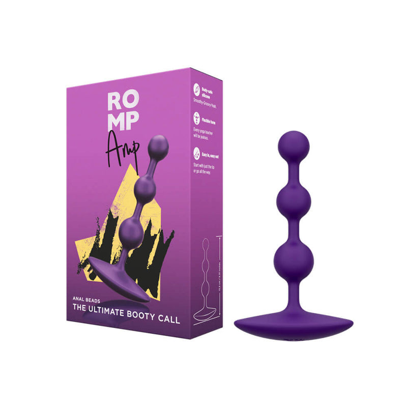 The ROMP Amp sitting out against a white background next to its packaging. The packaging is the same purple color as the anal beads themselves. | Kinkly Shop