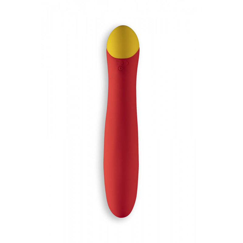 Backside view of the ROMP Hype g-spot vibrator. This angle showcases the relatively consistent diameter of the shaft alongside the charging port near the base of the vibrator. | Kinkly Shop