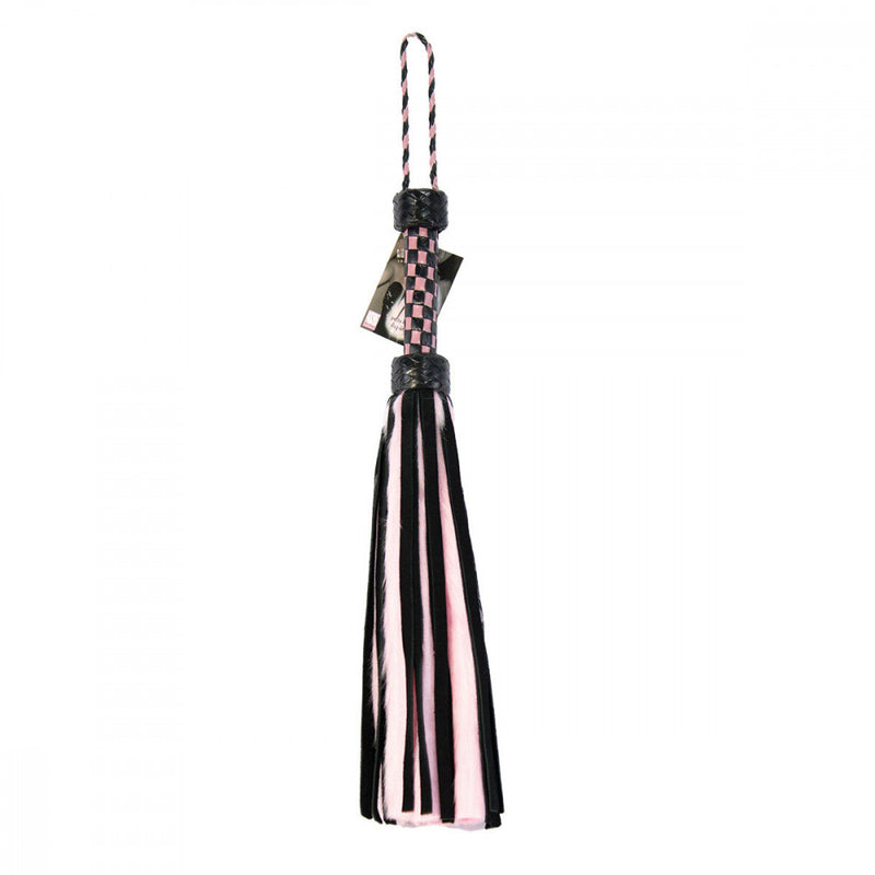 Ruff Doggie Styles Suede and Fluff Mini Flogger in pink laying flat to show the shorter size of this bedroom flogger | Kinkly Shop