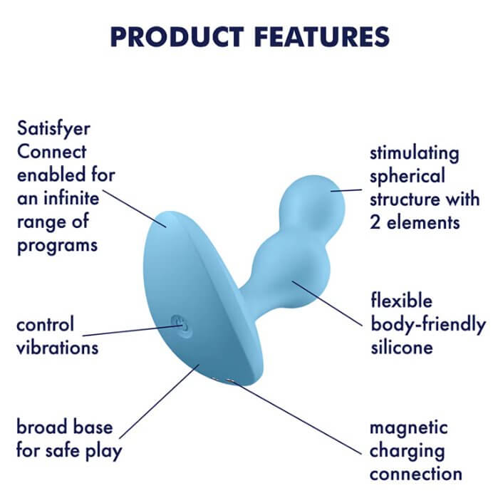 Satisfyer Deep Diver in front of a white background. Features and arrows surround the toy to point out the different features of the toy. Text on the image reads "Product Features. Satisfyer Connect enabled for an infinite range of programs. Control vibrations. Broad base for safe play. Stimulating sphreical structure with 2 elements. Flexible body-friendly silicone. Magnetic charging connection." | Kinkly Shop