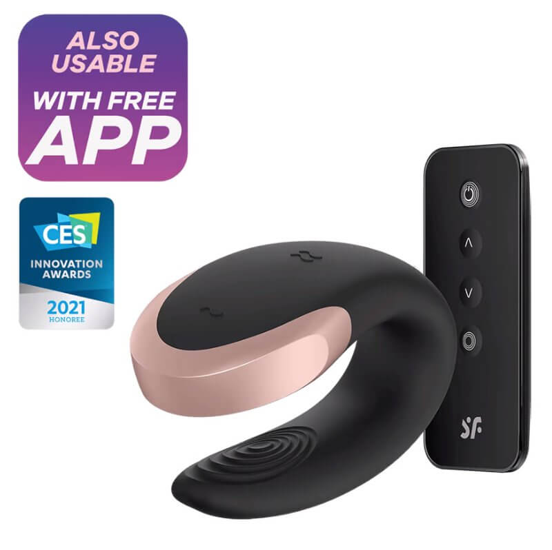 Satisfyer Double Love in Black. The vibrator is displayed next to its included remote control. Small badges are also shown on the image. The badges state "Also usable with free app" and "CES Innovation Awards: 2021" Honoree. | Kinkly Shop
