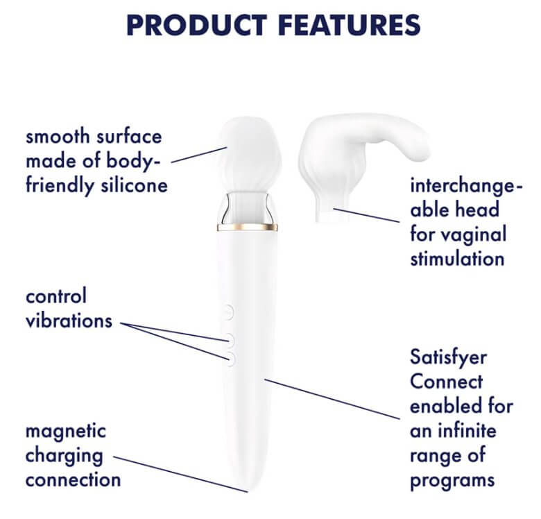 Image of the Satisfyer Double Wand-er against a white background with the title "Product Features". Features include "smooth surface made of body-friendly silicone", "control vibrations", "magnetic charging connection", "interchangeable head for vaginal stimulation", and "Satisfyer Connect enabled for an infinite range of programs". | Kinkly Shop