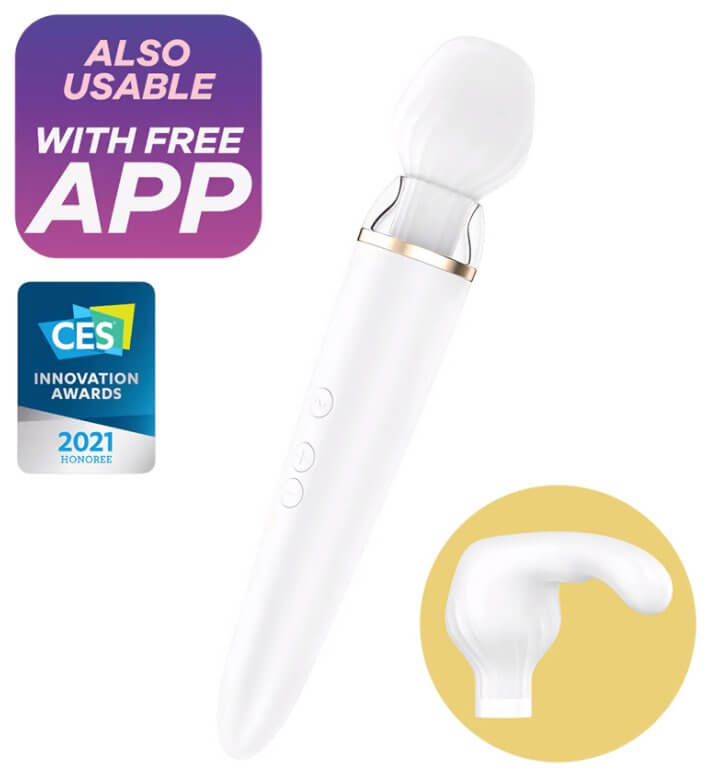 Satisfyer Double Wand-er in front of a white background. The secondary insertable head is also shown. The words "Also usable with free app" and "CES Innovation Awards 2021 Honoree" are also on the image. | Kinkly Shop