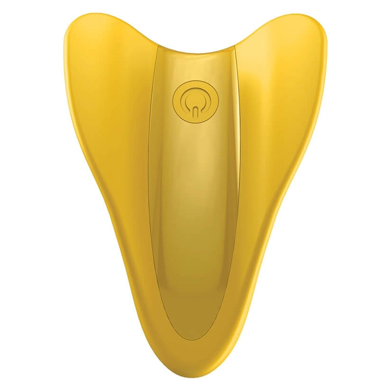 Close-up of the power and vibration control button on the front side of the Satisfyer High Fly in yellow. | Kinkly Shop