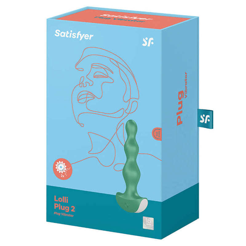 Packaging of the Satisfyer Lolli Plug. It's a bright, colorful rectangular box that displays a picture of a plug on the front of the box. | Kinkly Shop