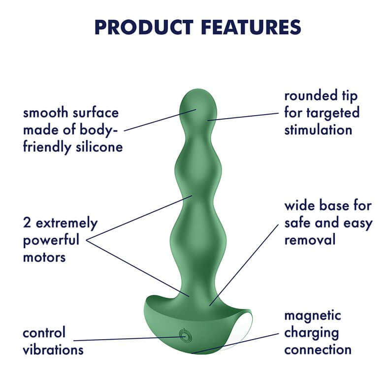 The Satisfyer Lolli Plug sits in the middle of an image titled "Product Features" which has various arrows pointing at parts of the plug. Written feature points include "Smooth Surface made of body-friendly silicone", "2 extremely powerful motors", "control vibrations", "rounded tip for targeted stimulation", "wide base for safe and easy removal", and "magnetic charging connection". | Kinkly Shop