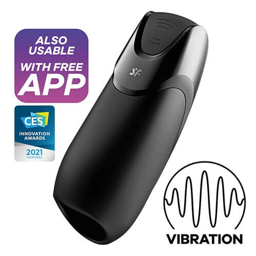 The Satisfyer Men Vibration+ up against a white background. There are multiple badges surrounding the toy. The badges read "Also usable with free App. CES Innovation Awards 2021 Honoree. Vibration" | Kinkly Shop