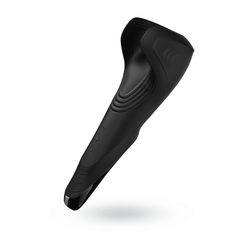 The Satisfyer Men Wand at an angle. This angled shot clearly shows off the area of interior, textured ribbing designed for penis pleasure. It also is the clearest angle showing off the three control buttons on the shaft for the vibrations. It has a Plus, Minus, and Patterns button to easily control the penis vibrator options. | Kinkly Shop
