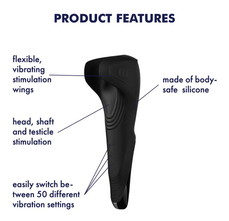 An image of the Satisfyer Men Wand with arrows that point to various features of the Men Wand. The image is titled "Product Features". The feature arrows include "flexible, vibrating stimulation wings", "head, shaft, and testicle stimulation", "easily switch between 50 different vibration settings", and "made of body-safe silicone".  | Kinkly Shop