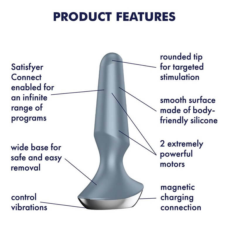 The Satisfyer Plug-ilicious anal plug up against a white background. There are features listed all around the plug with arrows pointing to different parts of the toy. The text reads: "Product Features. Satisfyer Connect enabled for an infinite range of programs, Wide base for safe and easy removal, Control vibrations, Rounded tip for targeted stimulation, Smooth surface made of body-friendly silicone, 2 extremely powerful motors, Magnetic charging connection" | Kinkly Shop