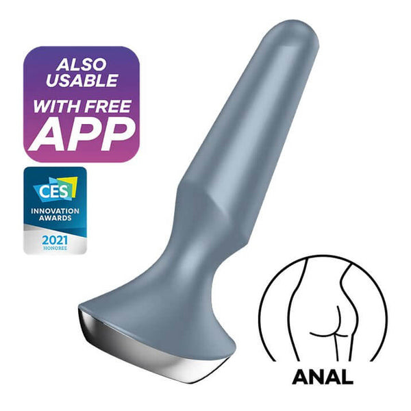 The Satisfyer Plug-ilicious anal plug 2 in Ice Blue against a white background. In one corner of the image are two badges that say "Also Usable with Free App" and "CES Innovations Aware 2021 Honoree". In the opposing open corner, there's an illustration depicting a butt that says "Anal" | Kinkly Shop