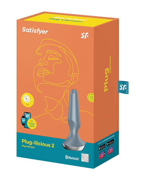 Packaging for the Satisfyer Plug-ilicious anal plug. It has a bright orange and blue box, and it looks rectangular, easy to wrap, and very sturdy. | Kinkly Shop