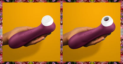 Two images of the Satisfyer Pro 2 - Generation 3 up against a yellow background. In both, a hand holds the vibrator, palm-flat. The vibrator is noticeably longer than the person's extended hand. In the first image, the Pro 2's cap is on to protect the hollow air suction hole while the second image shows the hollow hole open for use. | Kinkly Shop
