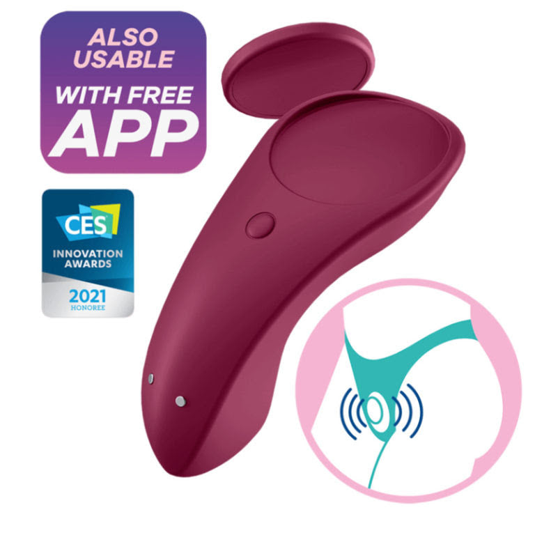 Image shows the Satisfyer Sexy Secret panty vibrator surrounded by helpful illustrations including how it fits into the panties, the award from the CES Innovation Awards in 2021, and a blurb that this panty vibrator can be used with the free app | Kinkly Shop