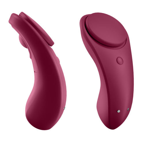 Side view and 3/4 view show more angles of the Satisfyer Sexy Secret panty vibrator. The side view shows that this clitoral vibrator is very thick near the part that would press into the vulva/vaginal entrance while it's much thinner near where the clitoris is while worn. | Kinkly Shop