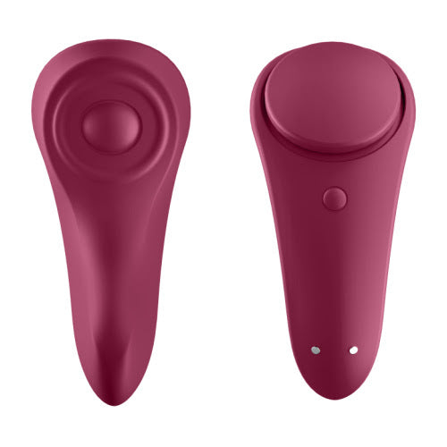 Two-sided image shows the front and the back of the Satisfyer Sexy Secret panty vibrator. It shows the clitoral-divet for targeted clitoral vibration as well as the removable magnet on the backside used to attach this vibrator to any pair of panties. | Kinkly Shop