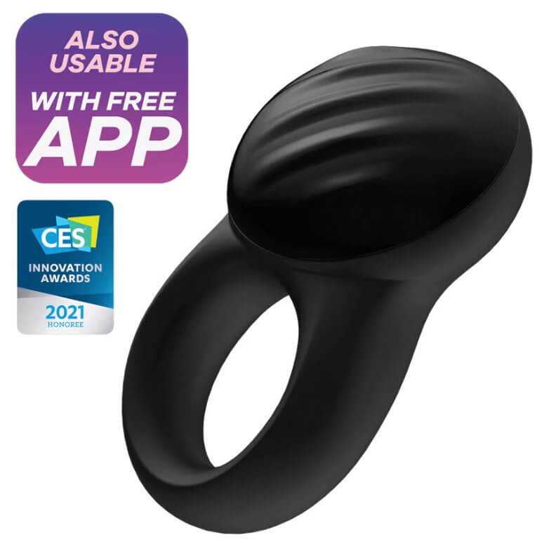 The Satisfyer Signet Ring laid out on a white background. Two badges are shown in the foreground. One badge says "Also usable with free app" and the other badge says "CES Innovation Awards: 2021 Honoree". | Kinkly Shop