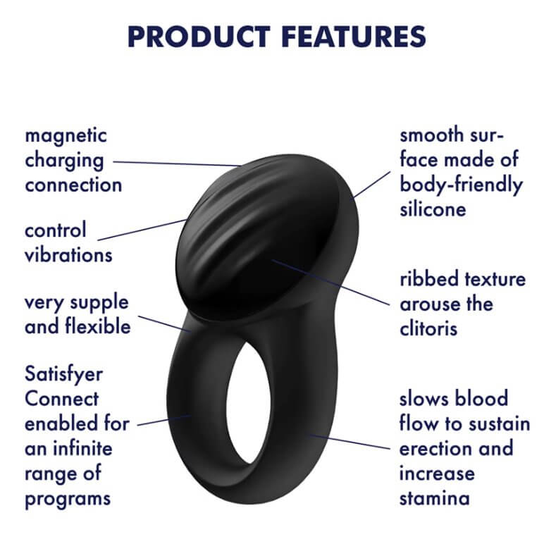 Image of the Satisfyer Signet Ring with various arrows pointing to parts of the cock ring. The text reads "Product Features. Magnetic charging connection. Control vibrations. Very supple and flexible. Satisfyer Connect enabled for an infinite range of programs. Smooth surface made of body-friendly silicone. Ribbed texture arouse the clitoris. Slows blood flow to sustain erection and increase stamina." | Kinkly Shop