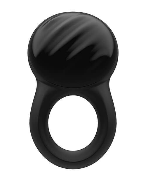 The Satisfyer Signet Ring sits squared to the camera. This angle showcases the glossy and wavy texture of the clitoral vibrator portion compared to the smooth surface of the cock ring itself. | Kinkly Shop