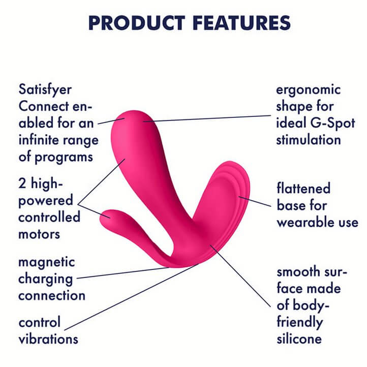 Picture of the Satisfyer Top Secret+ surrounded by features of the toy and arrows pointing to the toy. Image reads: "Satisfyer connect enabled for an infinite range of programs. 2 high-powered controlled motors. magnetic charging connection. control vibrations. ergonomic shape for ideal G-spot stimulation. flattened base for wearable use. smooth surface made out of body-friendly silicone." | Kinkly Shop