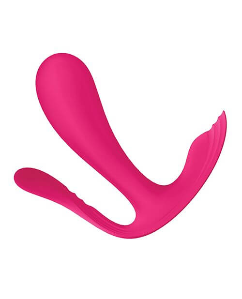 From-the-side angle of the Satisfyer Top Secret+. This showcases the much-larger vaginal shaft, the very slim anal shaft, and the protruding clitoral bump for added sensations. | Kinkly Shop