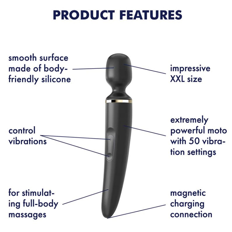 Image of the Satisfyer Wand-er Woman with arrows pointing out its various features. Text says "Smooth Surface Made of Body-Friendly Silicone", "Control Vibrations" pointing at two buttons, "For Stimulating Full-Body Massages", "Impressive XXL Size", "Extremely Powerful Motor with 50 Vibration Settings", and "Magnetic Charging Connection" pointing at the base of the wand. | Kinkly Shop