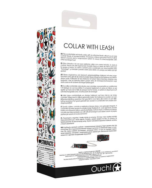 The backside of the packaging for the Shots Ouch! Printed Collar and Leash. It is filled with a short paragraph shown in multiple languages that takes up the entire back of the box. | Kinkly Shop