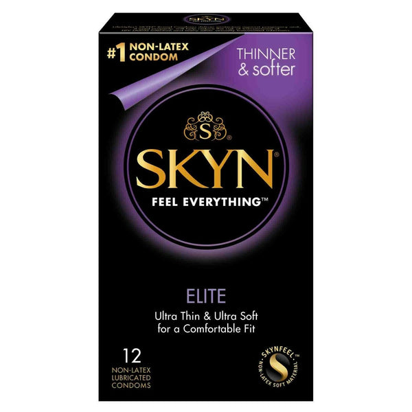 Front of the packaging for the SKYN Non-Latex Elite Condoms - 12 Pack. It states these are the #1 non-latex condom, they are thinner & softer, and they are ultra thin and ultra soft for a comfortable fit. | Kinkly Shop