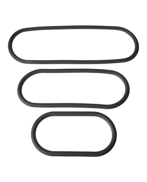 The three cock rings of the Perfect Fit Slim Wrap Cock Rings laying out. This top-down image shows their size comparitive to one another as they're laid out in basic, flat loops right next to one another. The loops are clearly three separate sizes. | Kinkly Shop