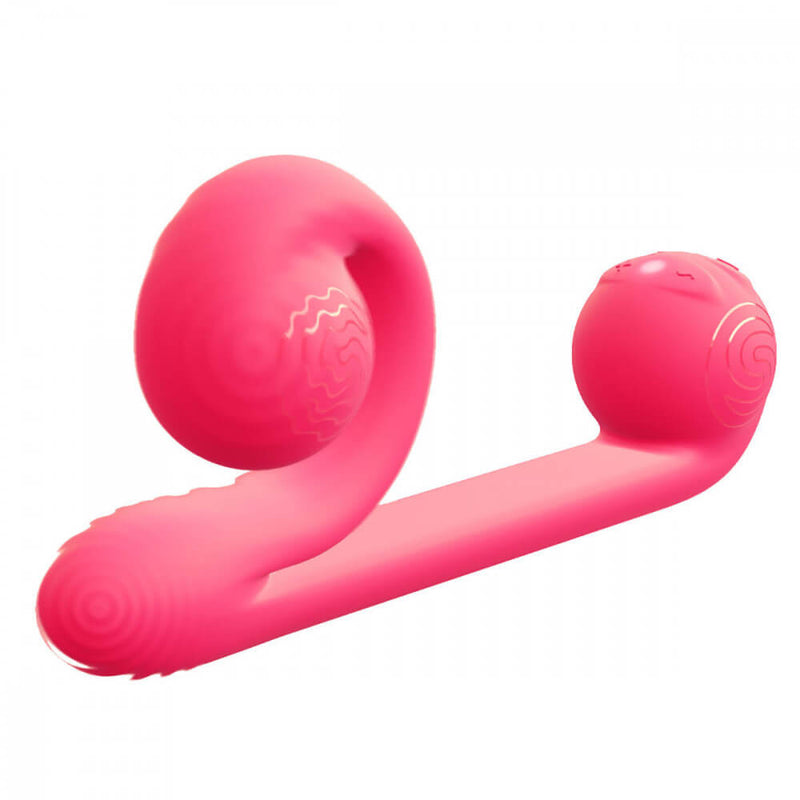 Illustrated image of the Snail Vibe sex toy shows where the two vibration motors are centered. One vibration motor can be found in the tip of the insertable portion while the other motor is in the clitoral bulb. | Kinkly Shop