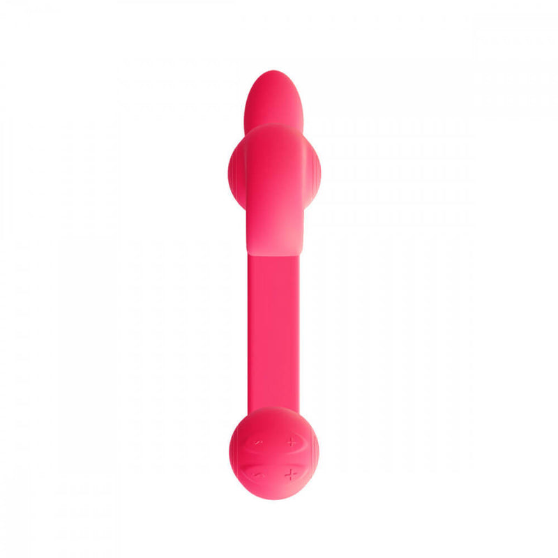 Top-down view of the Snail Vibe sex toy shows how much thicker the bulbs are than the insertable shaft. The image also shows the four control buttons that are located on top of the bulb that doesn't go near the body and functions as a handle. | Kinkly Shop