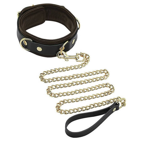 Spartacus Brown Collar and Leash laid out against a white background. The leash is connected to the collar. | Kinkly Shop